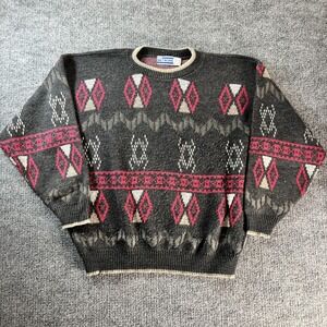 Vintage Knit Network Sweater Mens XL Gray Argyle Knit Crewneck Pullover Made USA